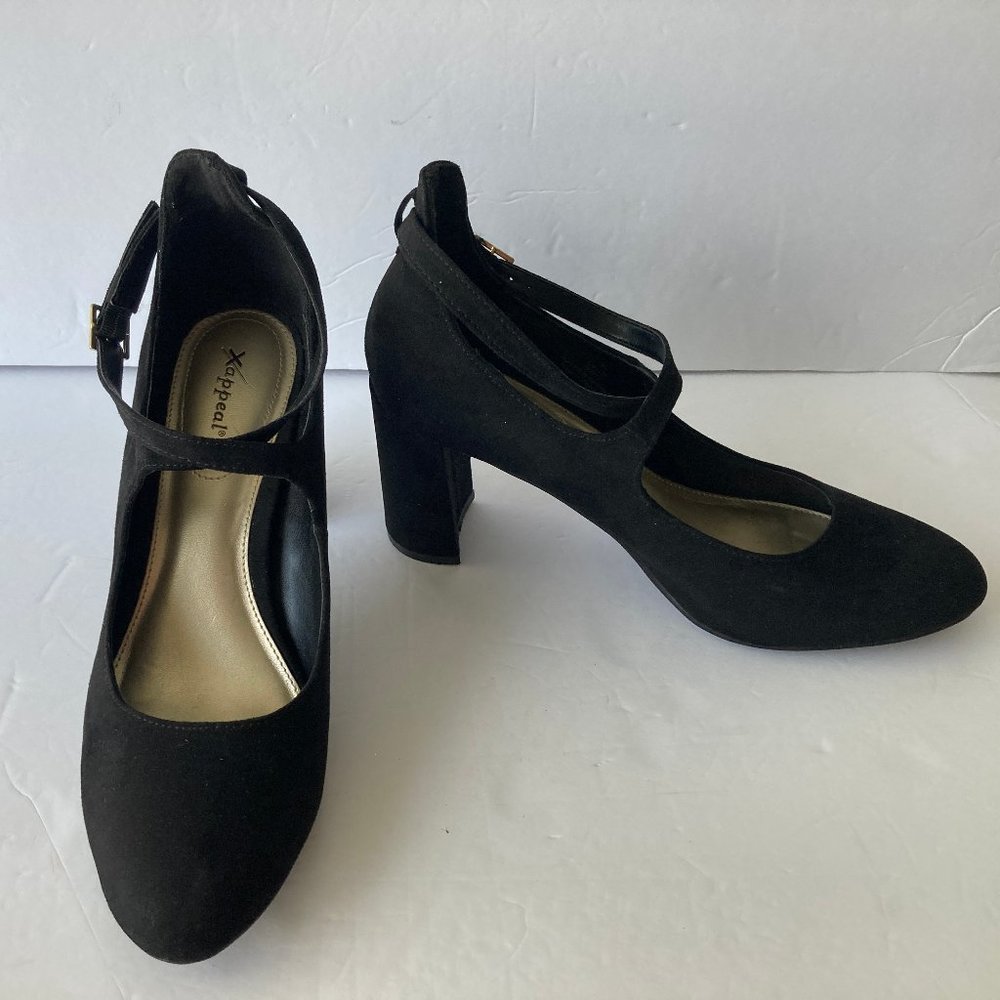 XAppeal Black Suede Mary Jane Strap Block Heel Shoe "Callie" 9.5M